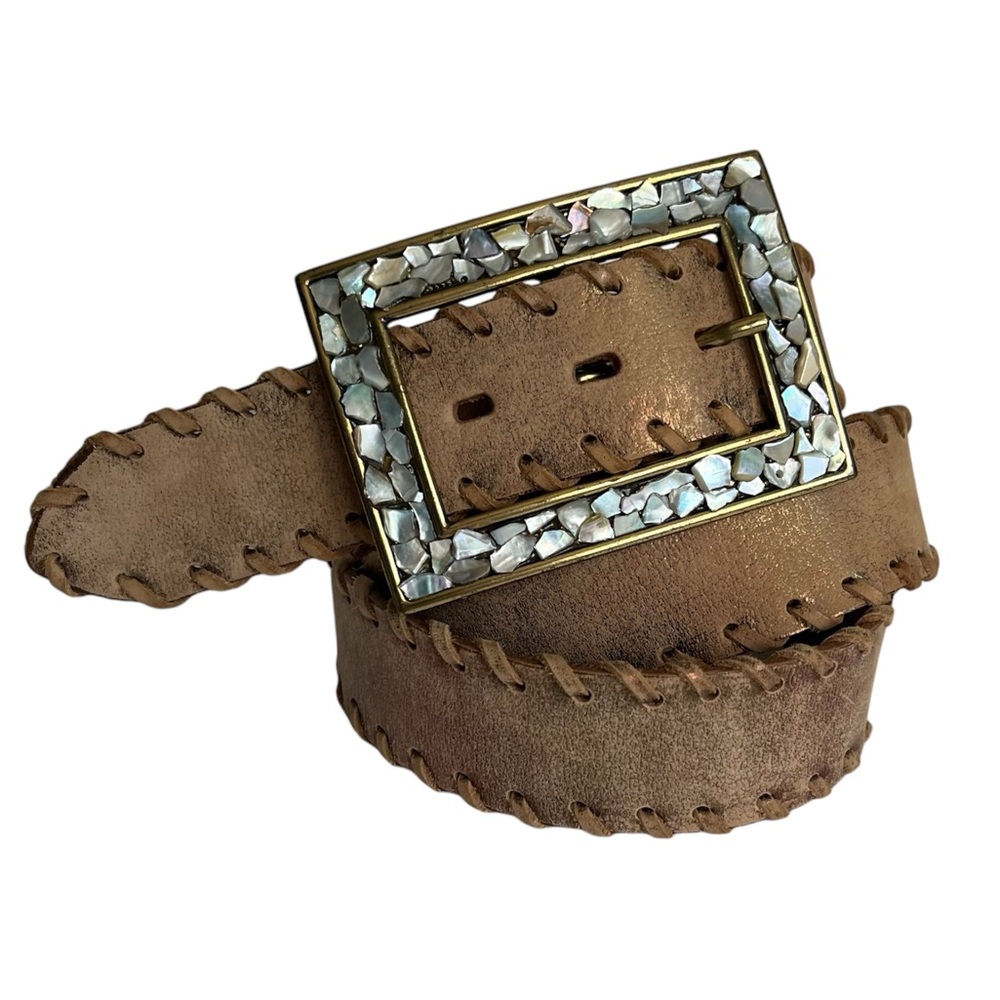 Metallic leather belt with Shell inlay buckle XL